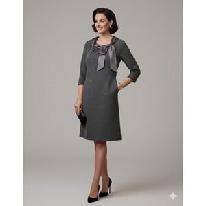 Milly Dress Womens Medium Gray Wool Silk Tie Neck 3/4 Sleeve Career